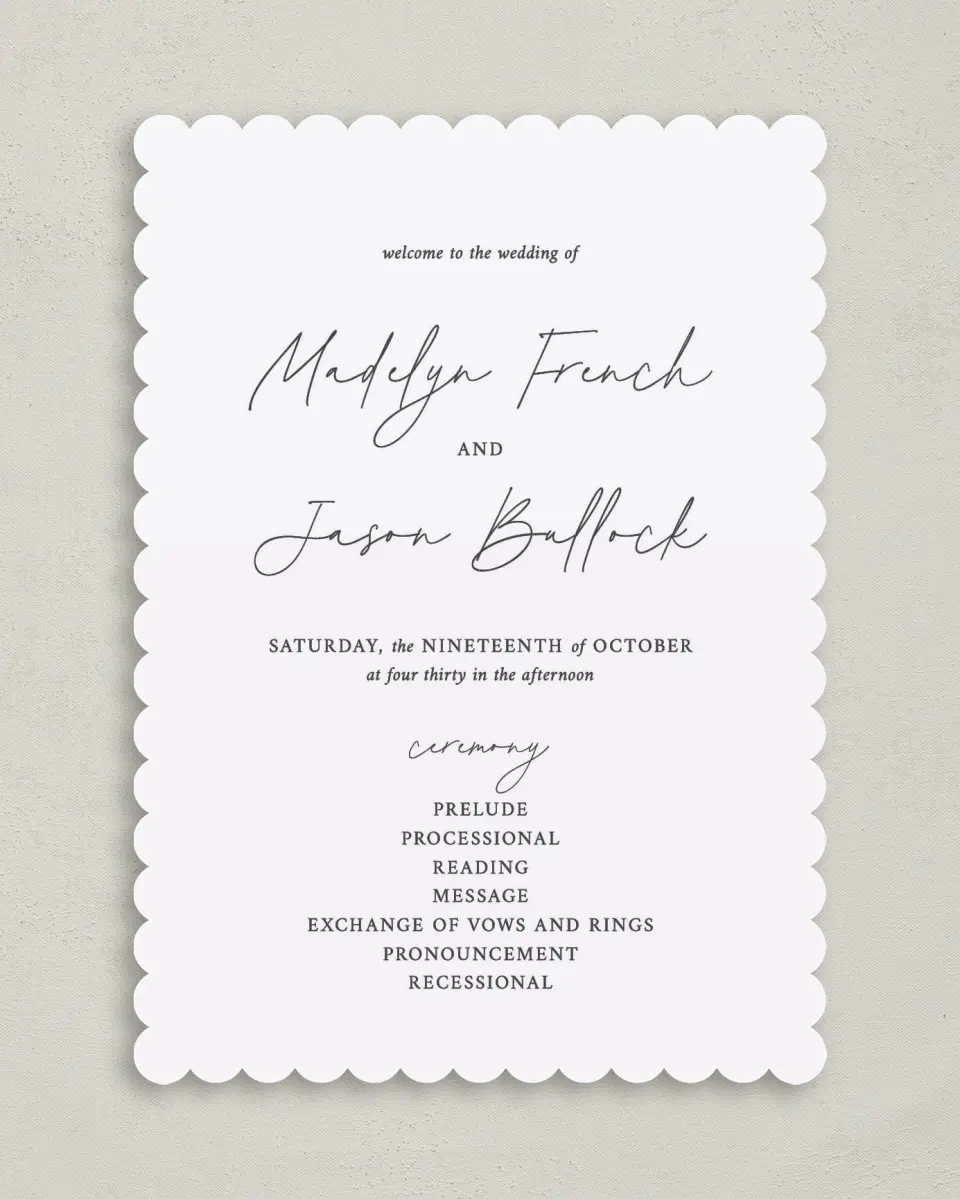 This is a 5" x 7" Wavy Wedding Program called The Madelyn printed in full color with Gold foil on Luxe Satin (coated) paper