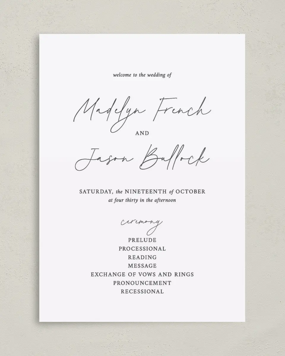 This is a 5" x 7" Wavy Wedding Program called The Madelyn printed in full color with Gold foil on Luxe Satin (coated) paper