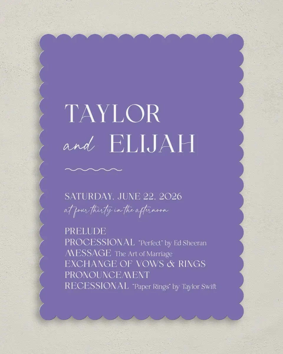 This is a 5" x 7" Wavy Wedding Program called The Taylor printed in full color on Premium Smooth paper