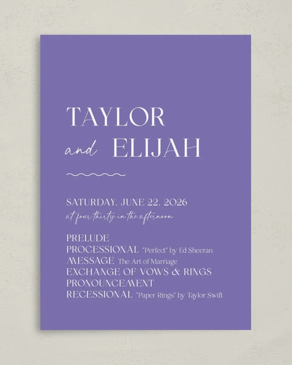 This is a 5" x 7" Wavy Wedding Program called The Taylor printed in full color with Gold foil on Luxe Satin (coated) paper