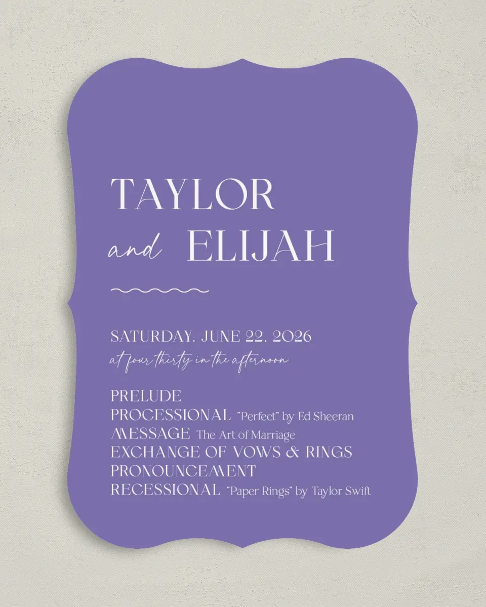 This is a 5" x 7" Wavy Wedding Program called The Taylor printed in full color on Premium Smooth paper