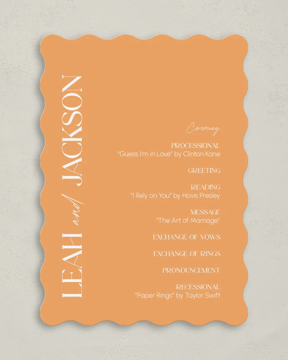 This is a 5" x 7" Wavy Wedding Program called The Leah printed in full color on Premium Smooth paper