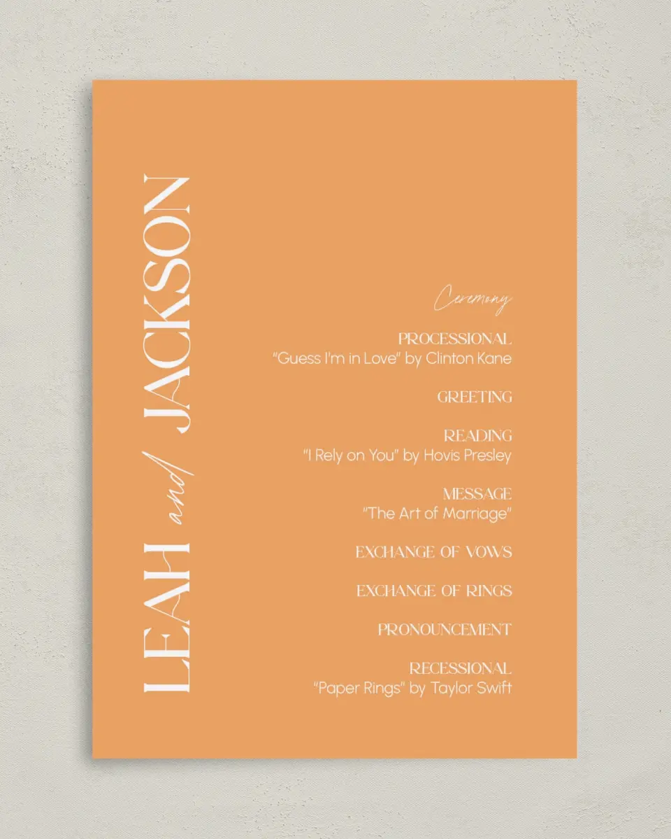 This is a 5" x 7" Wavy Wedding Program called The Leah printed in full color with Gold foil on Luxe Satin (coated) paper