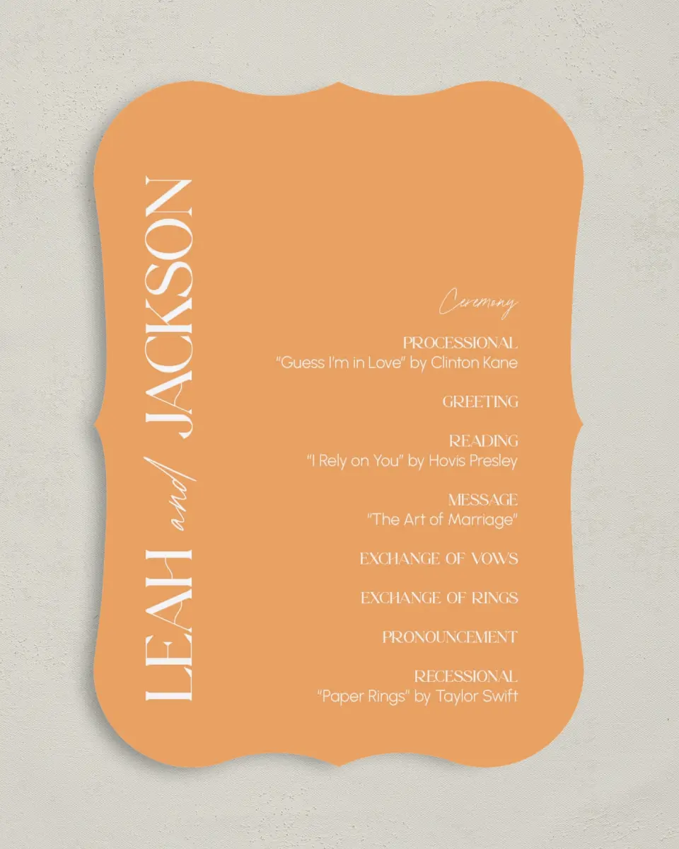 This is a 5" x 7" Wavy Wedding Program called The Leah printed in full color on Premium Smooth paper