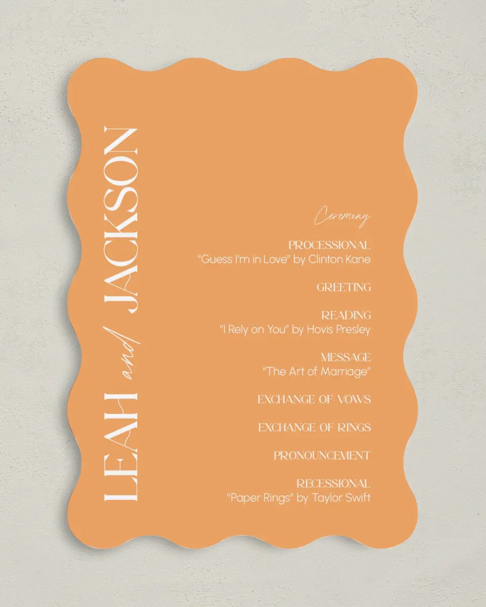 This is a 5" x 7" Wavy Wedding Program called The Leah printed in full color on Premium Smooth paper