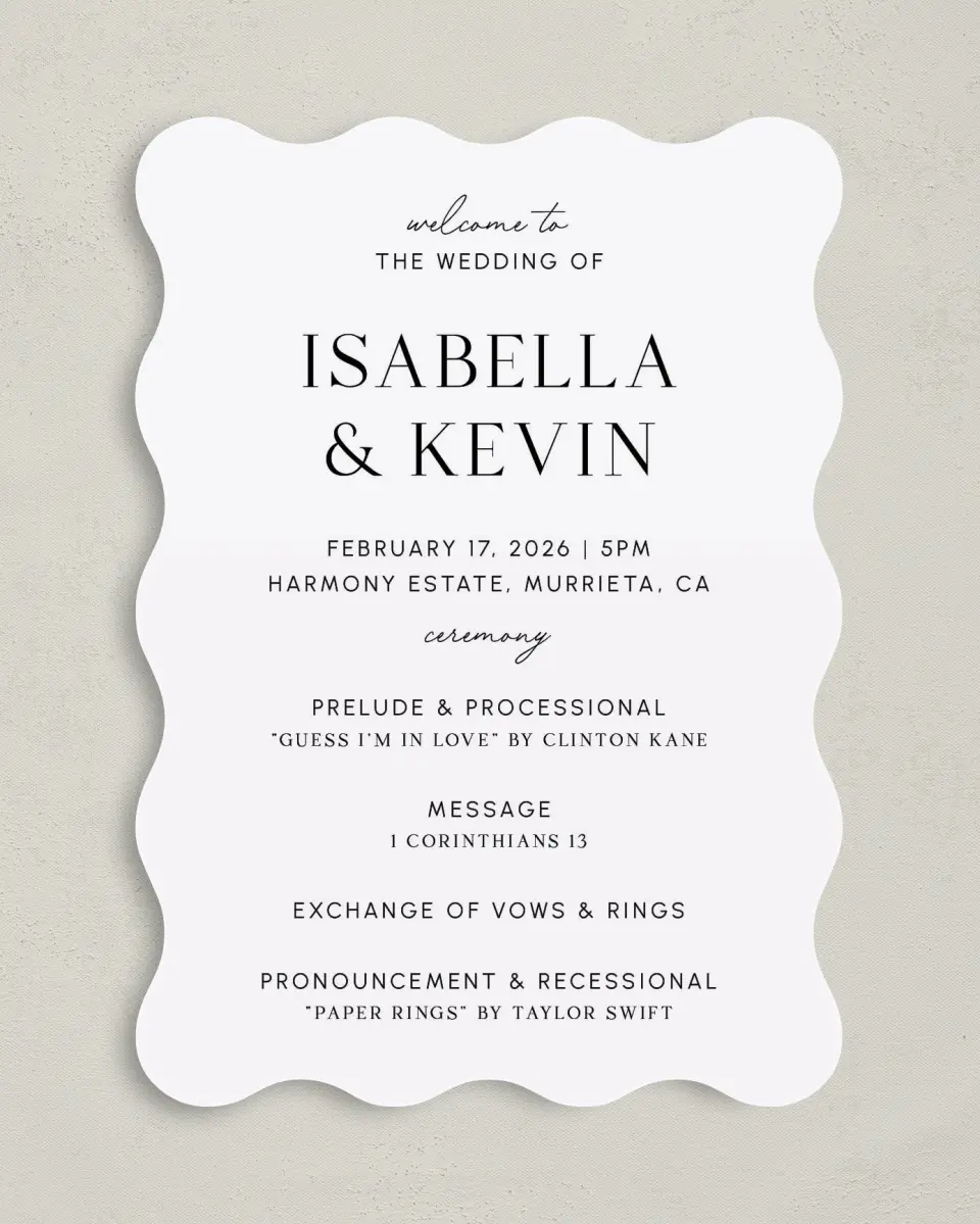 This is a 5" x 7" Wavy Wedding Program called The Isabella printed in full color on Premium Smooth paper