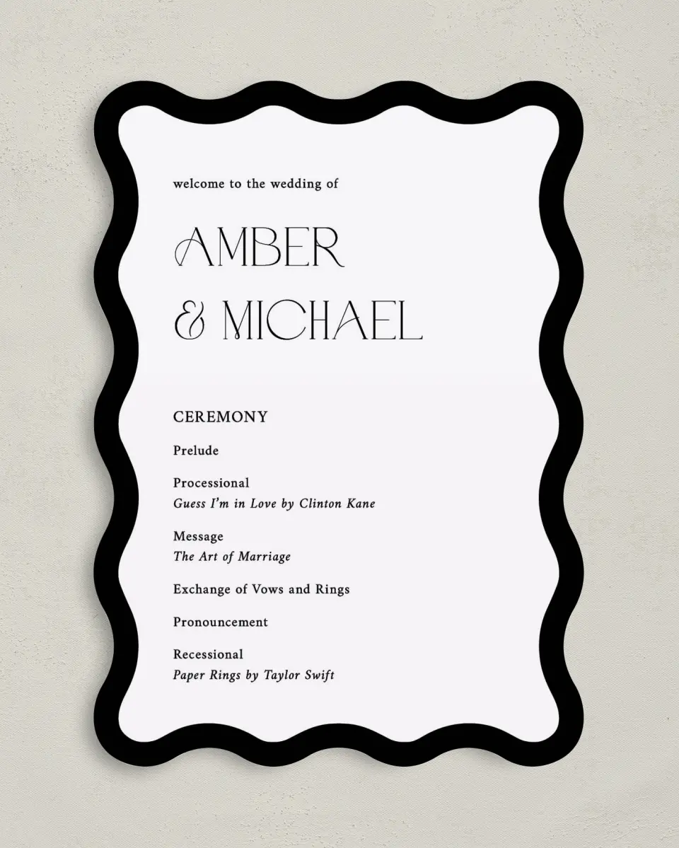 This is a 5" x 7" Wavy Wedding Program called The Amber printed in full color on Premium Smooth paper