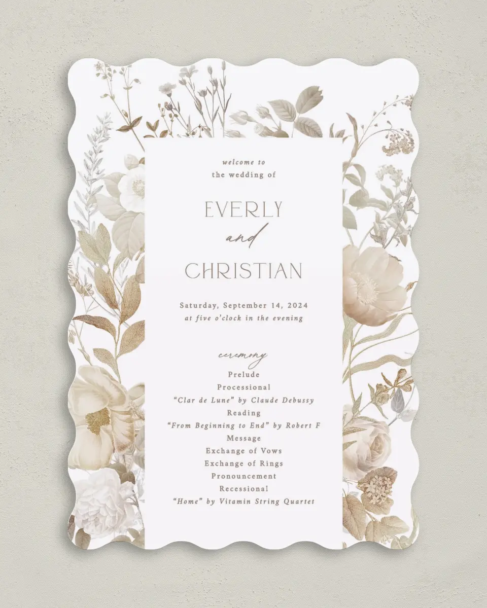 This is a 5" x 7" Wavy Wedding Program called The Everly printed in full color on Premium Smooth paper
