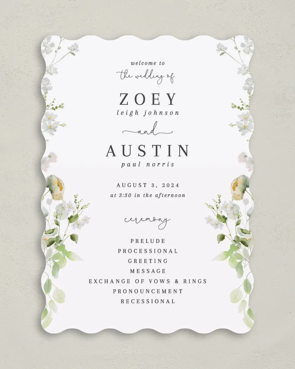 This is a 5" x 7" Wavy Wedding Program called The Zoey printed in full color on Premium Smooth paper