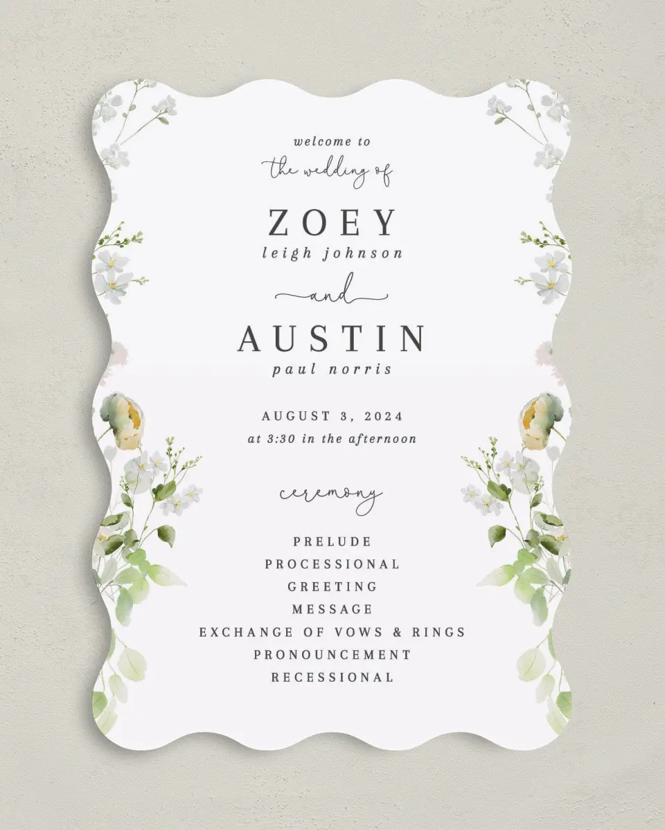 This is a 5" x 7" Wavy Wedding Program called The Zoey printed in full color on Premium Smooth paper