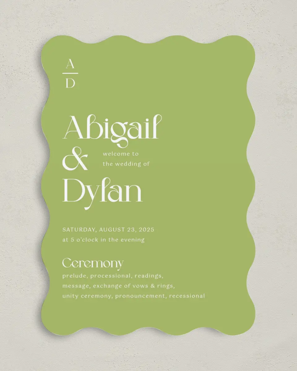 This is a 5" x 7" Wavy Wedding Program called The Abigail printed in full color on Premium Smooth paper
