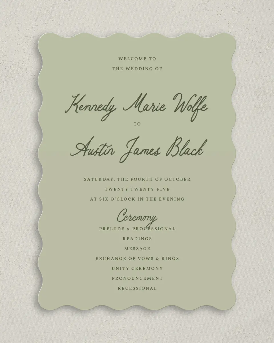This is a 5" x 7" Wavy Wedding Program called The Kennedy printed in full color on Premium Smooth paper