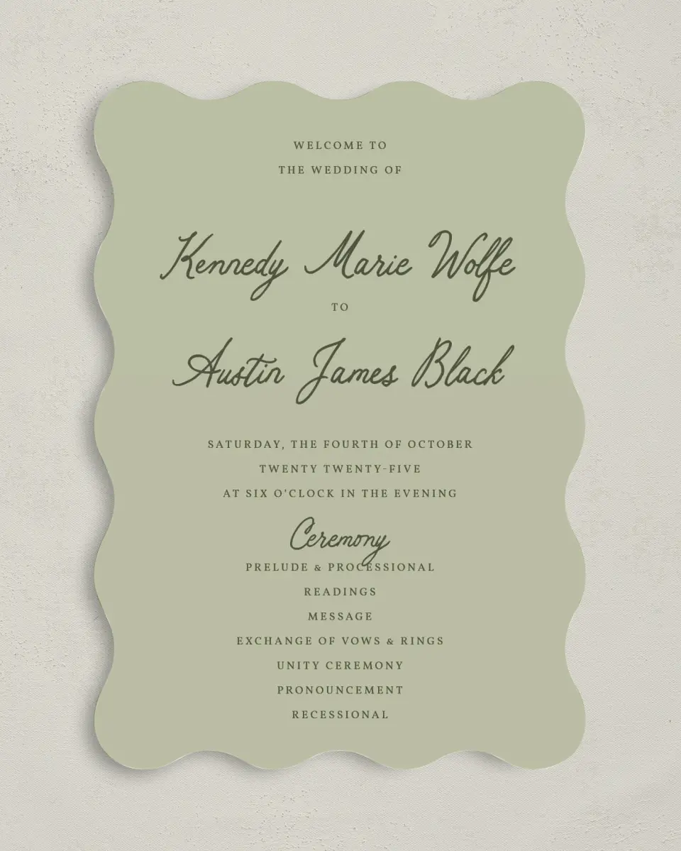 This is a 5" x 7" Wavy Wedding Program called The Kennedy printed in full color on Premium Smooth paper