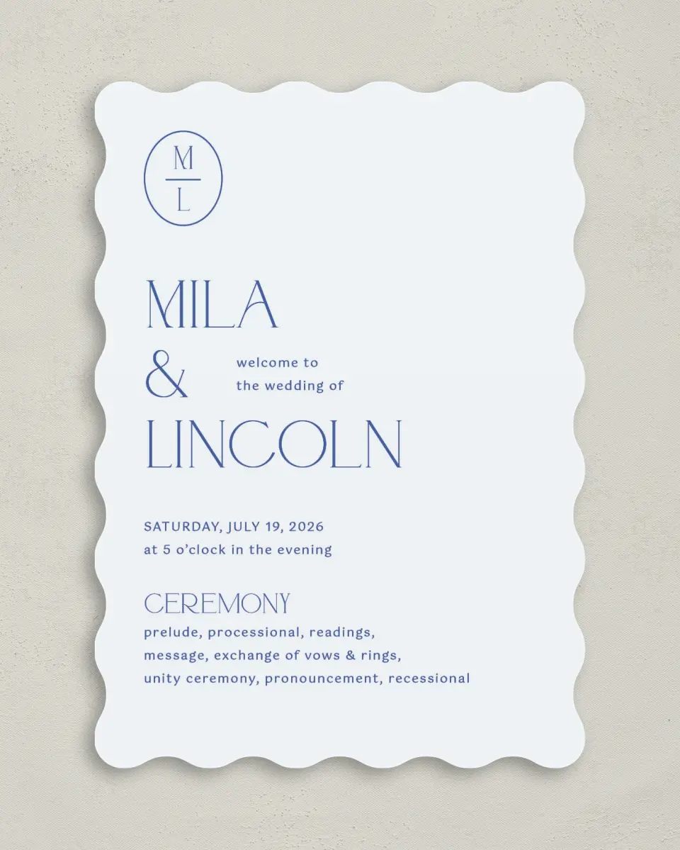 This is a 5" x 7" Wavy Wedding Program called The Mila printed in full color on Premium Smooth paper