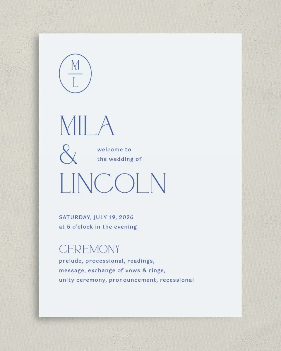 This is a 5" x 7" Wavy Wedding Program called The Mila printed in full color with Gold foil on Luxe Satin (coated) paper