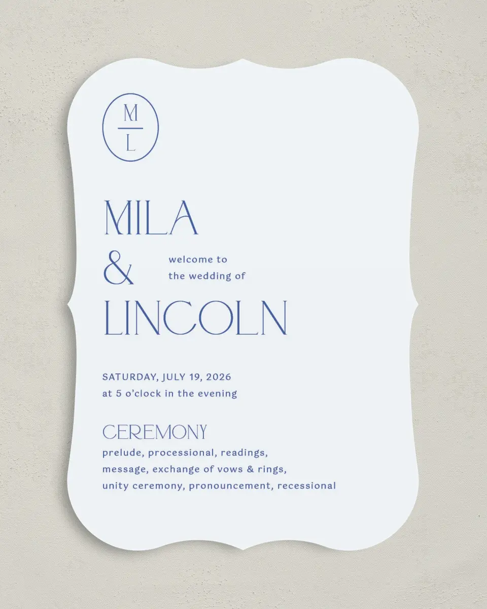 This is a 5" x 7" Wavy Wedding Program called The Mila printed in full color on Premium Smooth paper