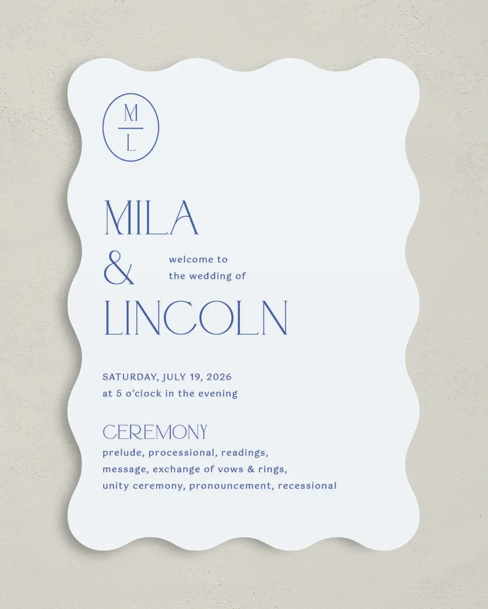 This is a 5" x 7" Wavy Wedding Program called The Mila printed in full color on Premium Smooth paper