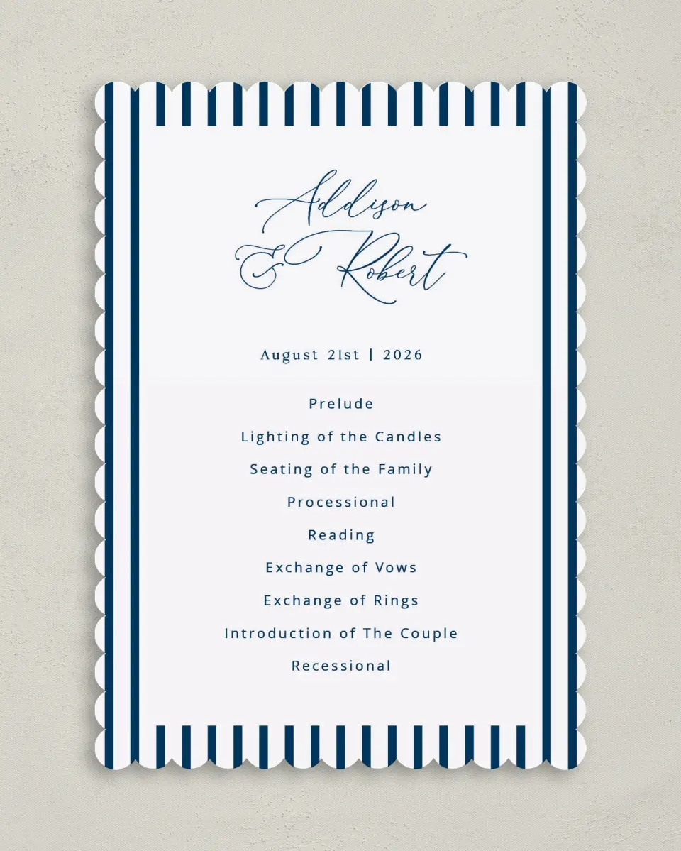 This is a 5" x 7" Wavy Wedding Program called The Addison printed in full color with Gold foil on Luxe Satin (coated) paper