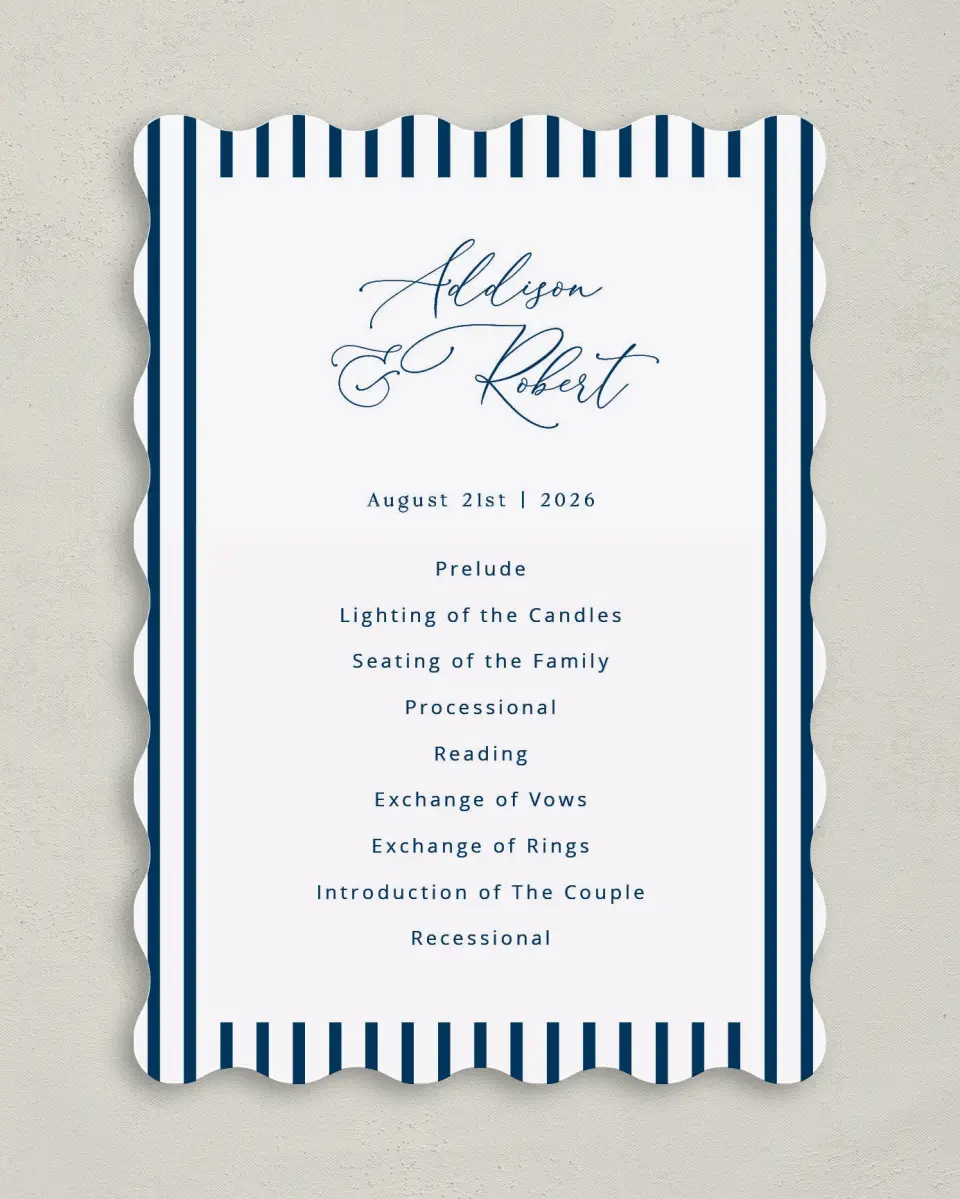 This is a 5" x 7" Wavy Wedding Program called The Addison printed in full color on Premium Smooth paper