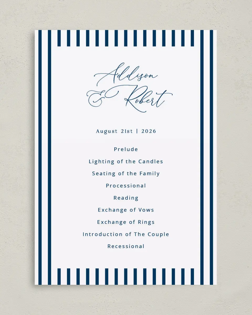 This is a 5" x 7" Wavy Wedding Program called The Addison printed in full color with Gold foil on Luxe Satin (coated) paper