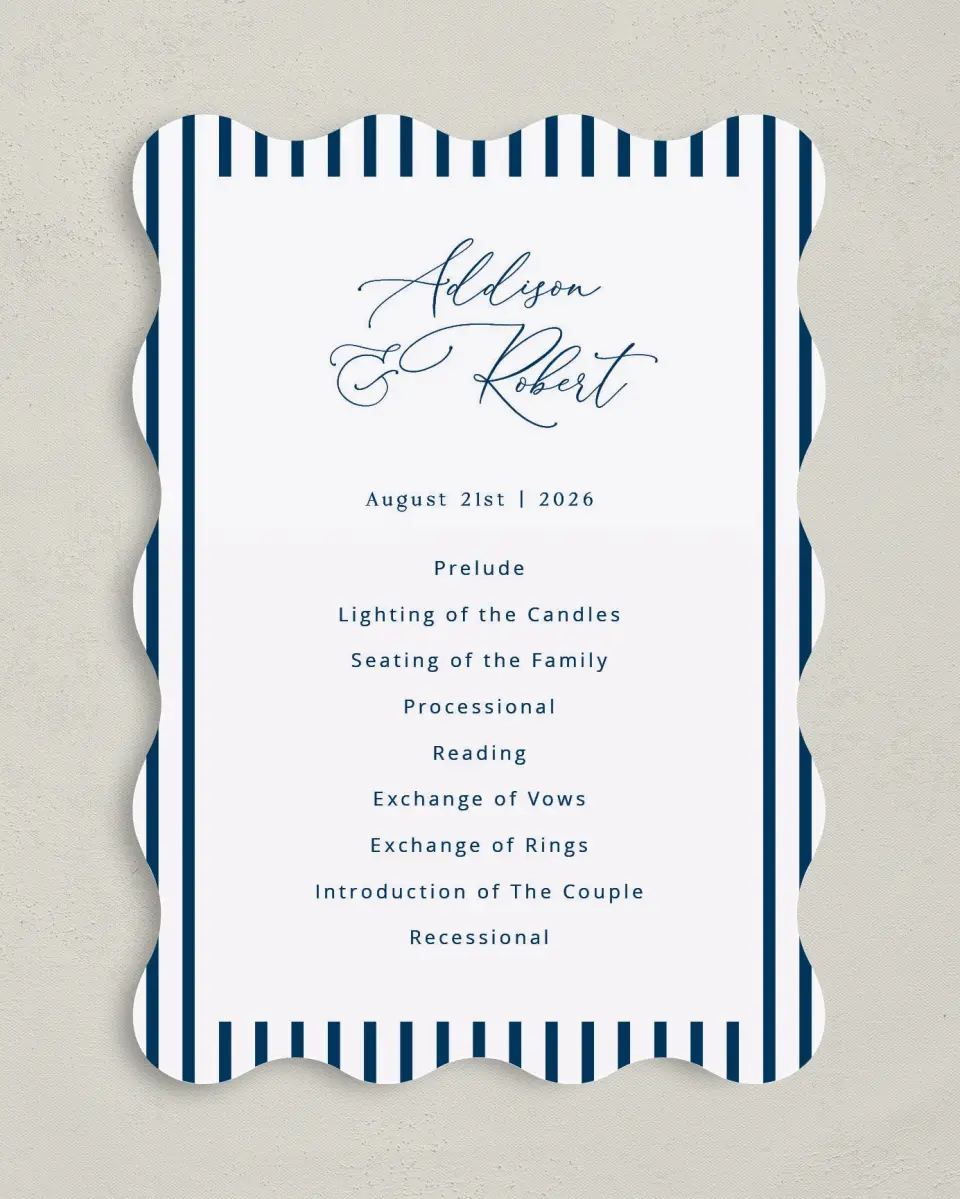 This is a 5" x 7" Wavy Wedding Program called The Addison printed in full color on Premium Smooth paper