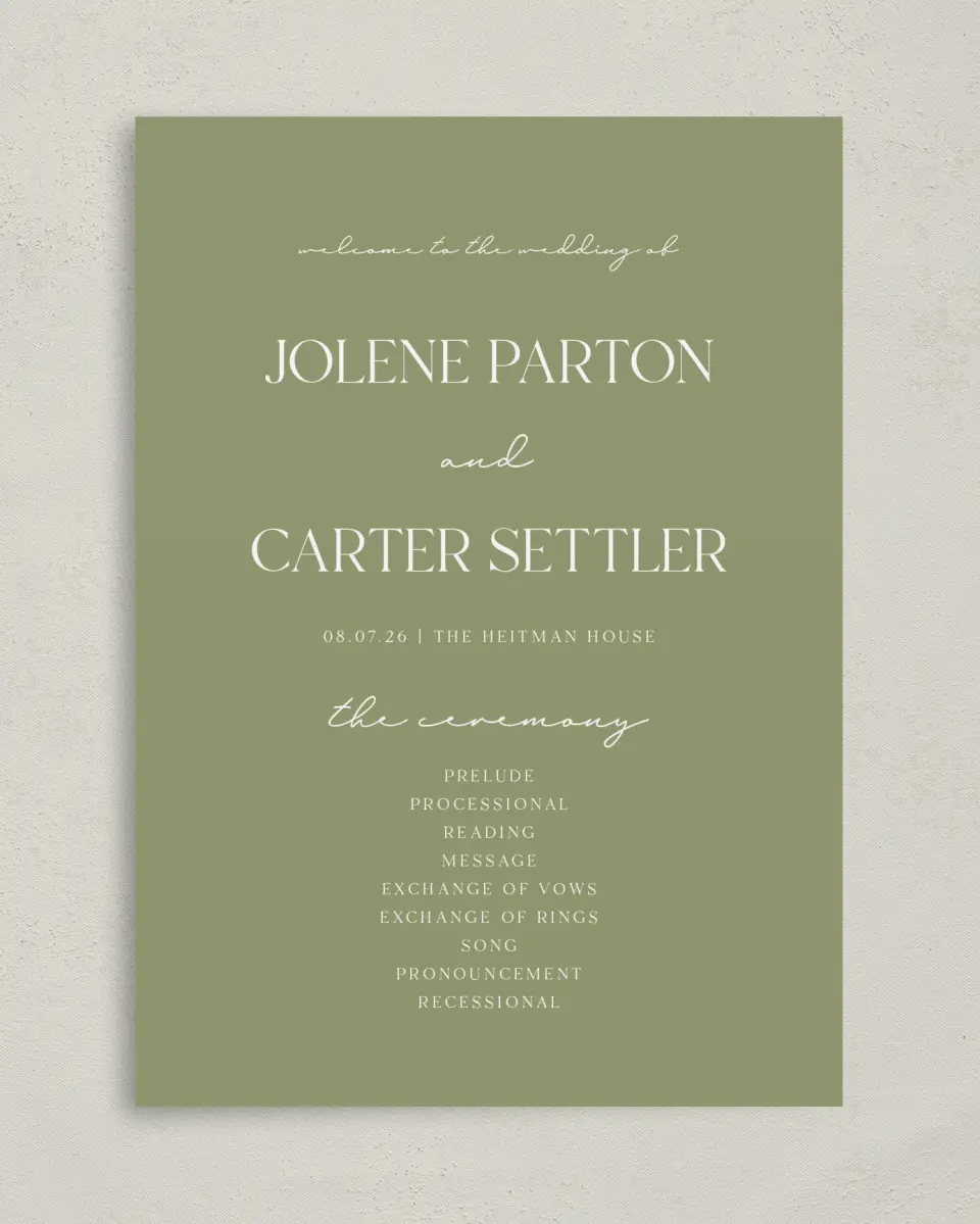 This is a 5" x 7" Wavy Wedding Program called The Jolene printed in full color with Gold foil on Luxe Satin (coated) paper
