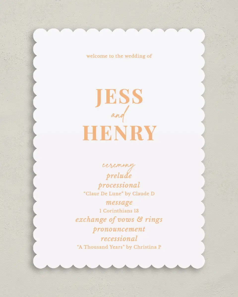 This is a 5" x 7" Wavy Wedding Program called The Jess printed in full color on Premium Smooth paper