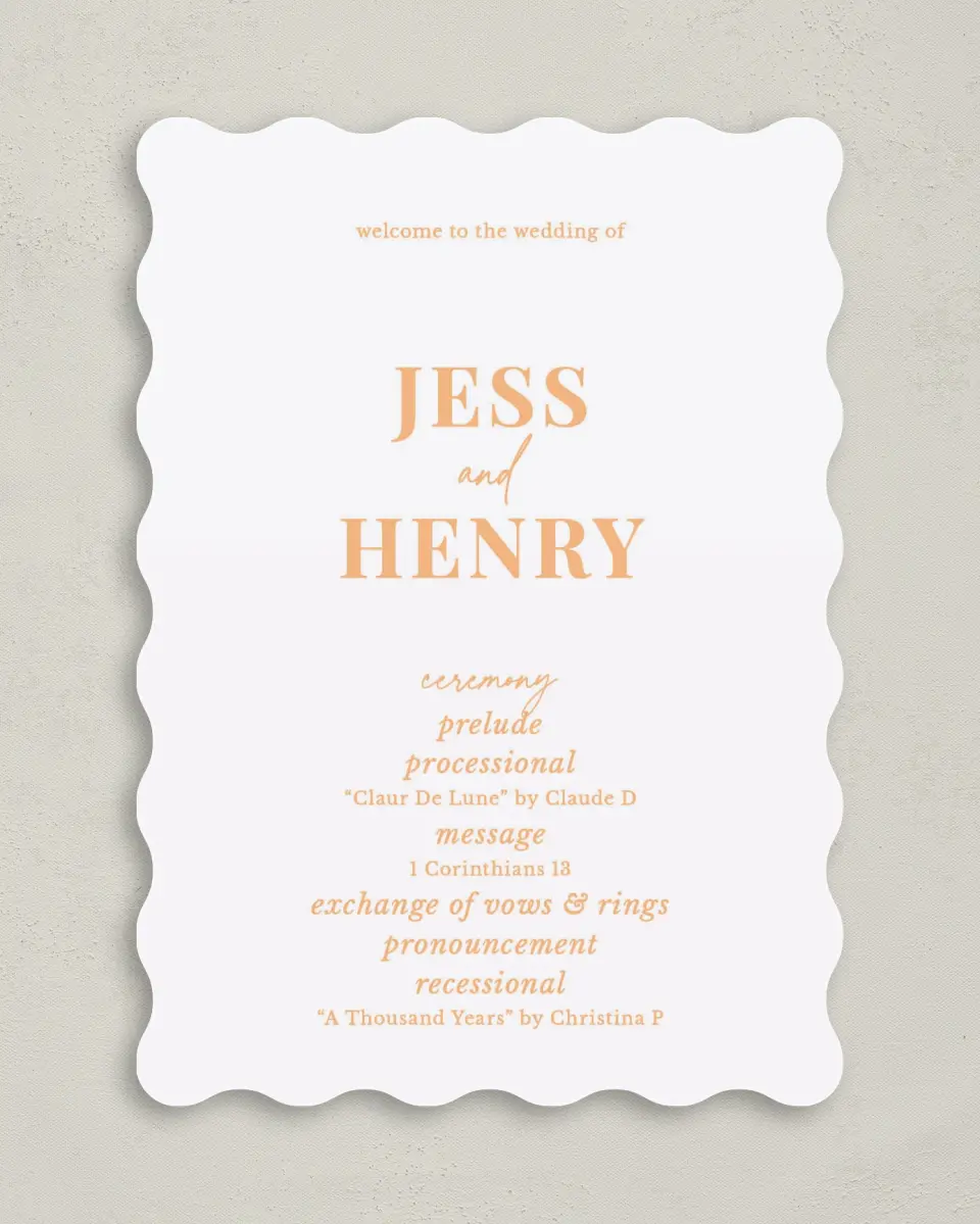 This is a 5" x 7" Wavy Wedding Program called The Jess printed in full color on Premium Smooth paper