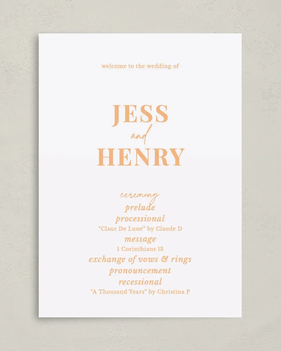 This is a 5" x 7" Wavy Wedding Program called The Jess printed in full color with Gold foil on Luxe Satin (coated) paper