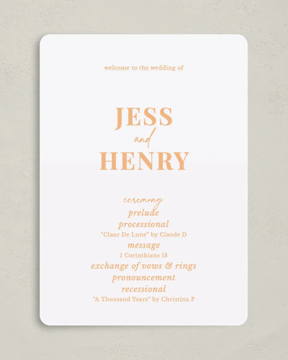 This is a 5" x 7" Wavy Wedding Program called The Jess printed in full color on Premium Smooth paper