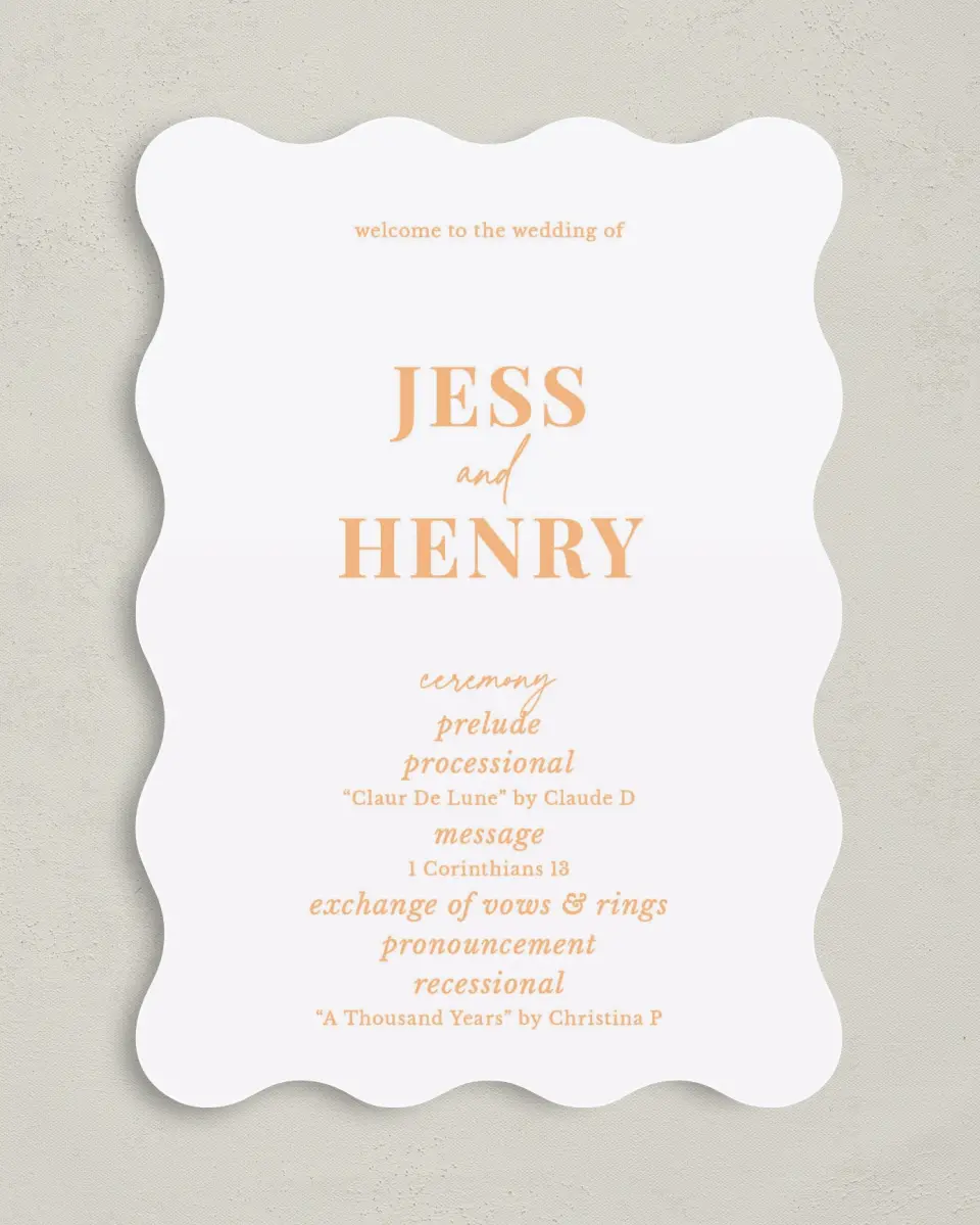 This is a 5" x 7" Wavy Wedding Program called The Jess printed in full color on Premium Smooth paper