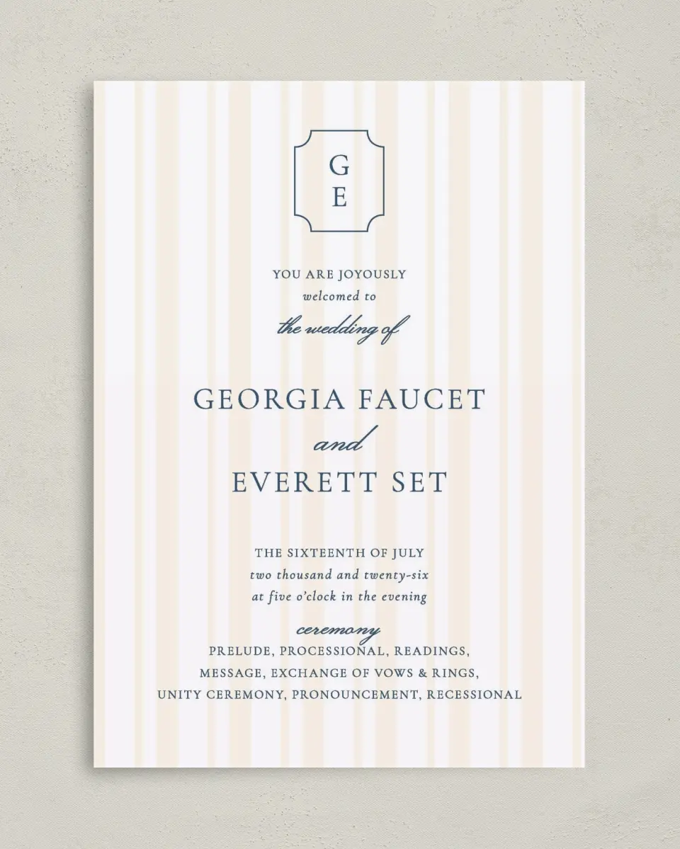 This is a 5" x 7" Wavy Wedding Program called The Georgia printed in full color with Gold foil on Luxe Satin (coated) paper