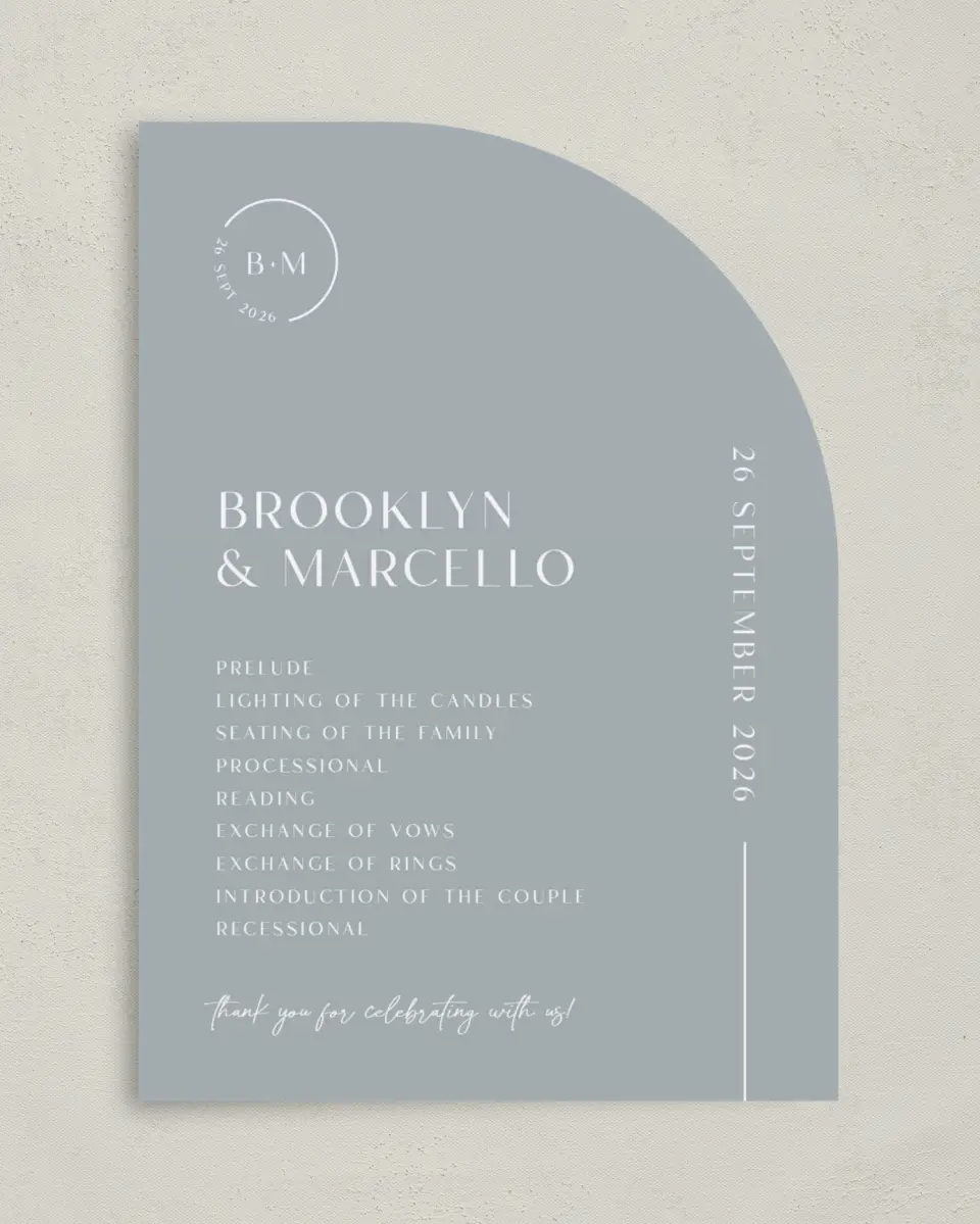 This is a 5" x 7" Tea-length Wedding Program called The Brooklyn printed in full color on Premium Smooth paper