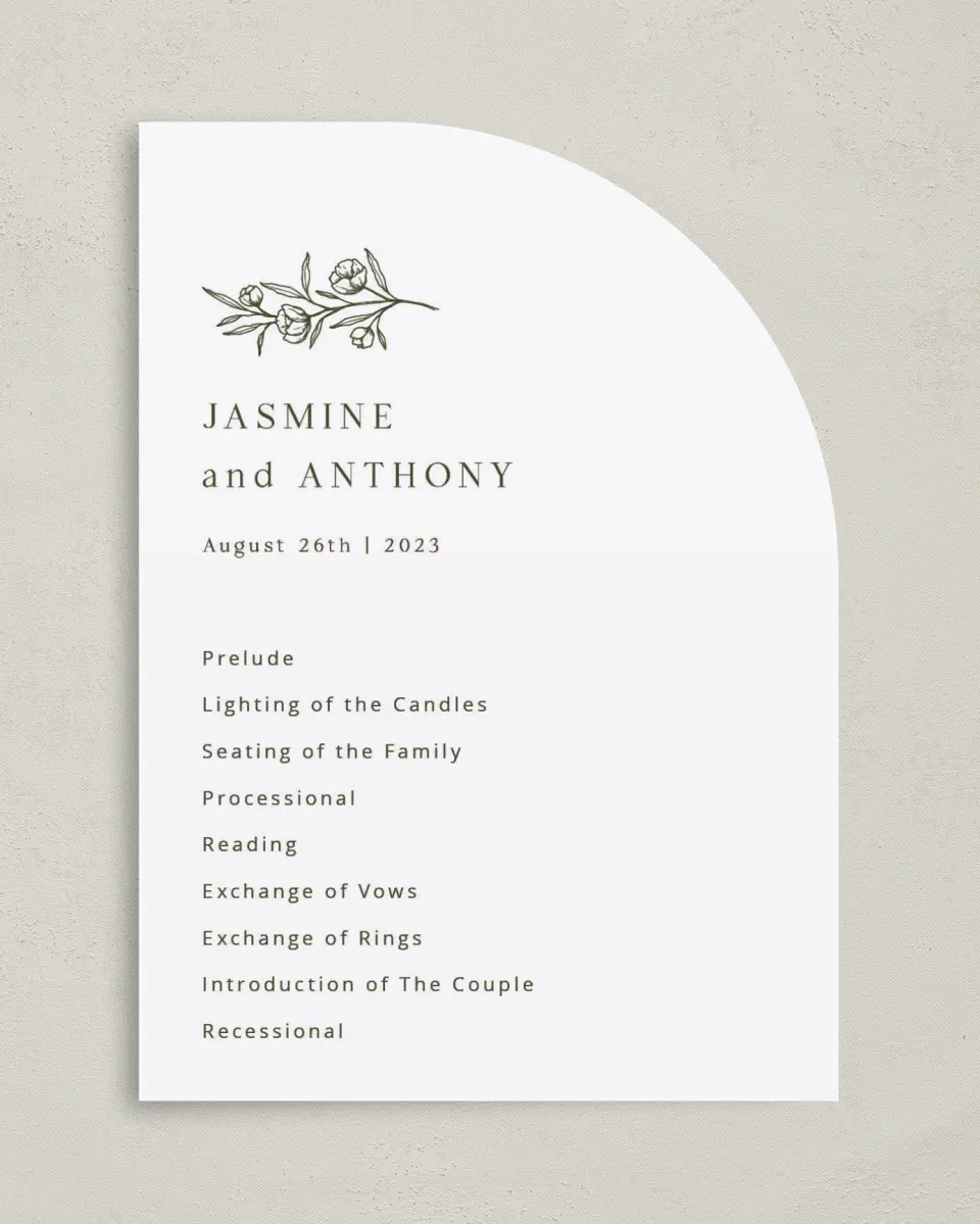 This is a 5" x 7" Tea-length Wedding Program called The Jasmine printed in full color on Premium Smooth paper