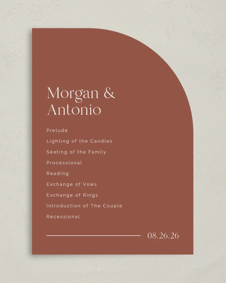 This is a 5" x 7" Tea-length Wedding Program called The Morgan printed in full color on Premium Smooth paper