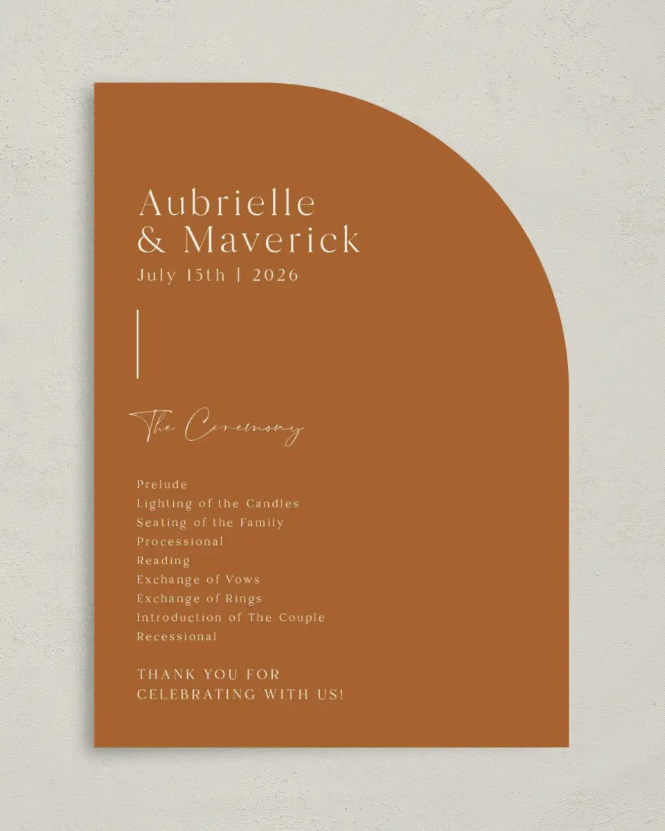 This is a 5" x 7" Tea-length Wedding Program called The Aubrielle printed in full color on Premium Smooth paper