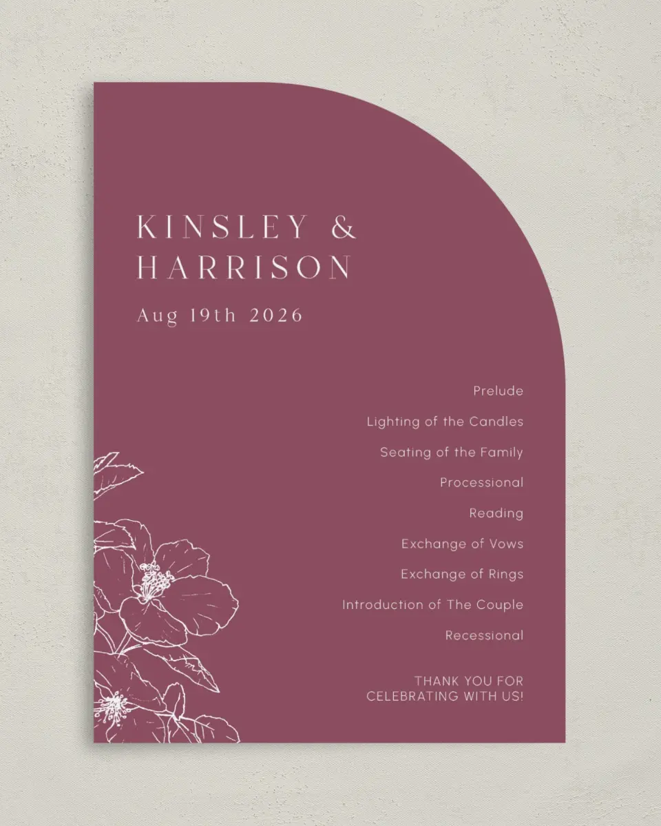 This is a 5" x 7" Tea-length Wedding Program called The Kinsley printed in full color on Premium Smooth paper
