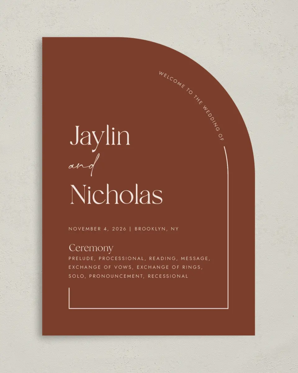This is a 5" x 7" Tea-length Wedding Program called The Jaylin printed in full color on Premium Smooth paper