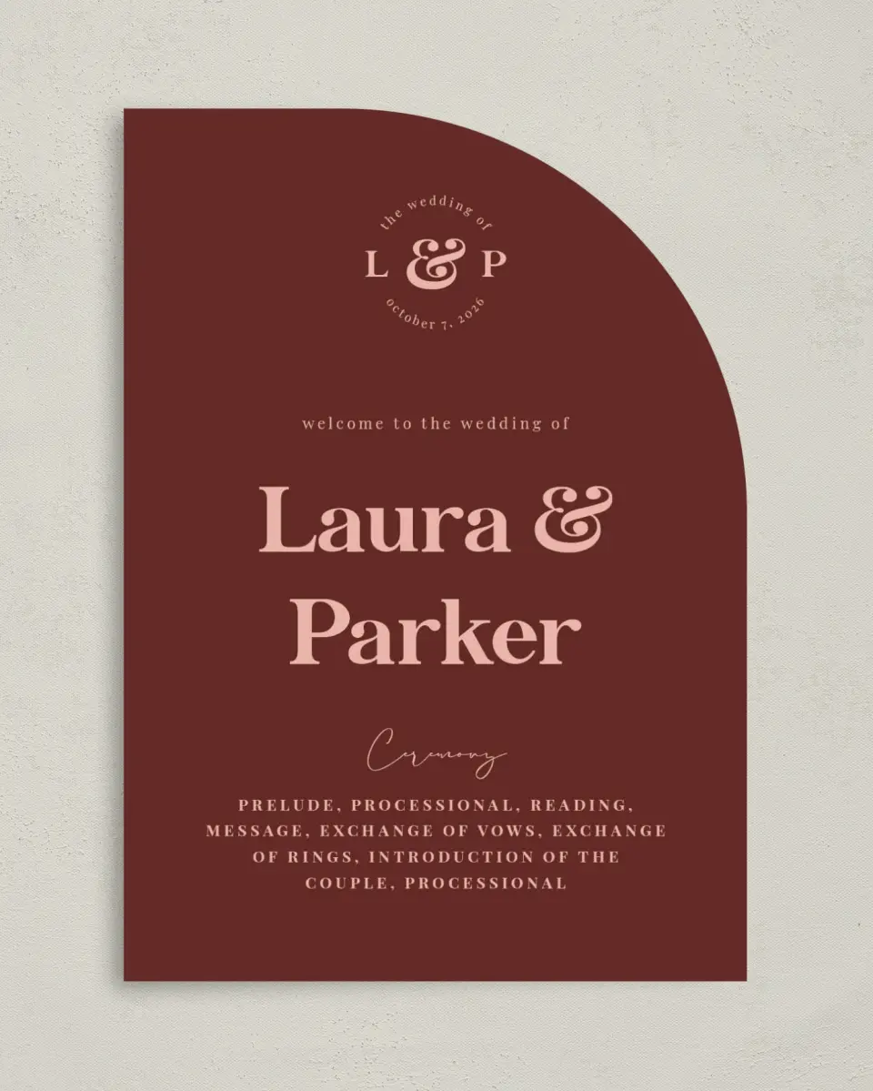 This is a 5" x 7" Tea-length Wedding Program called The Laura printed in full color on Premium Smooth paper