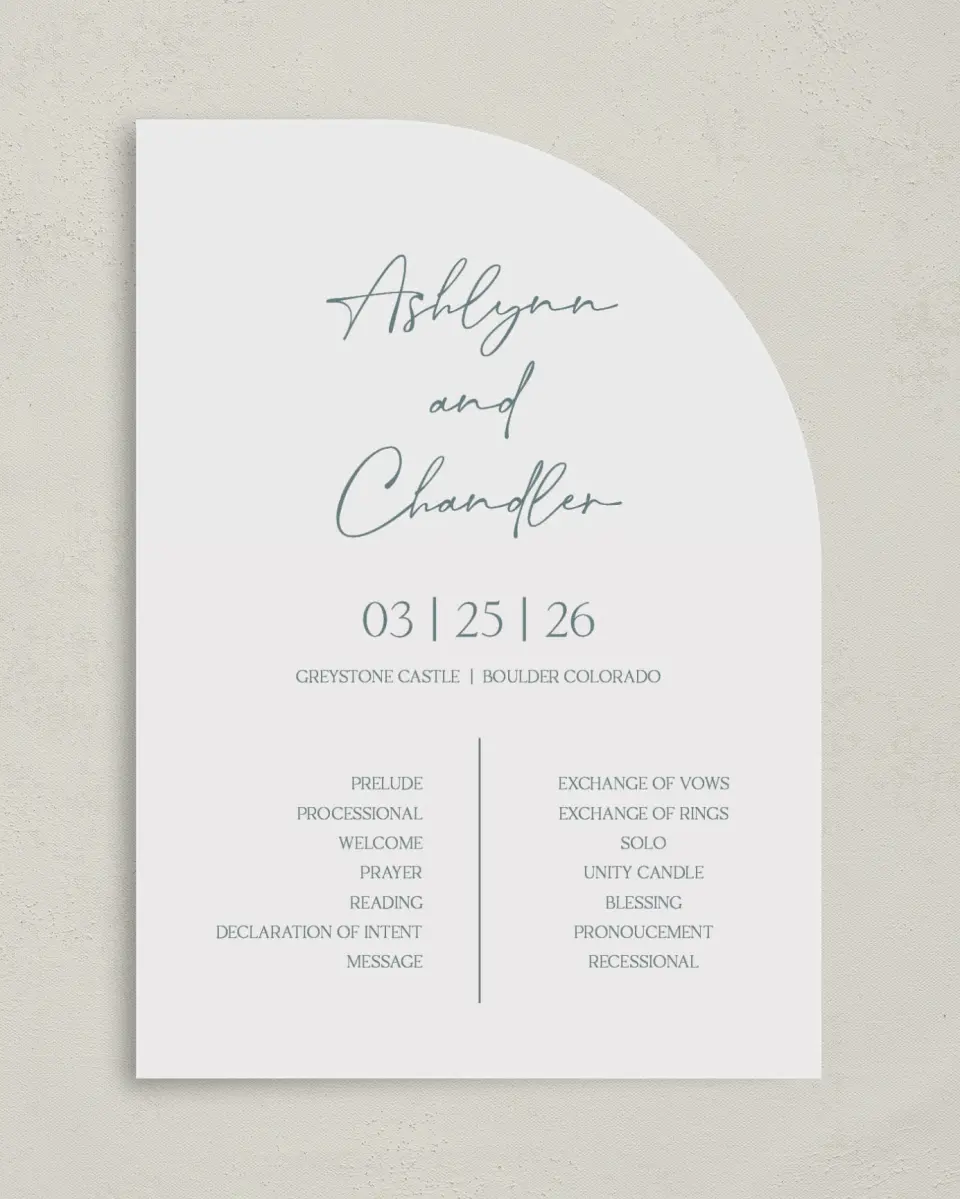 This is a 5" x 7" Tea-length Wedding Program called The Ashlynn printed in full color on Premium Smooth paper