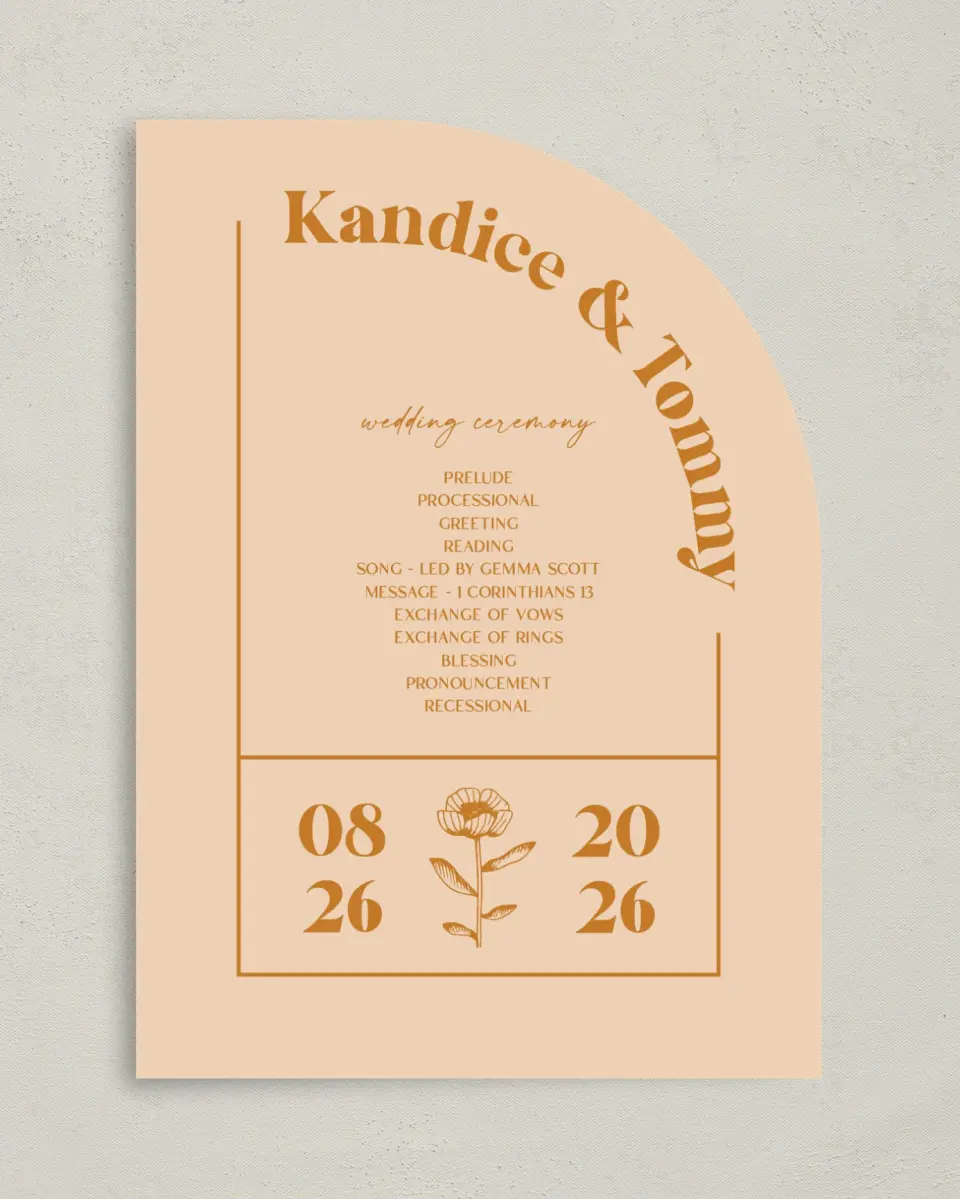 This is a 5" x 7" Tea-length Wedding Program called The Kandice printed in full color on Premium Smooth paper