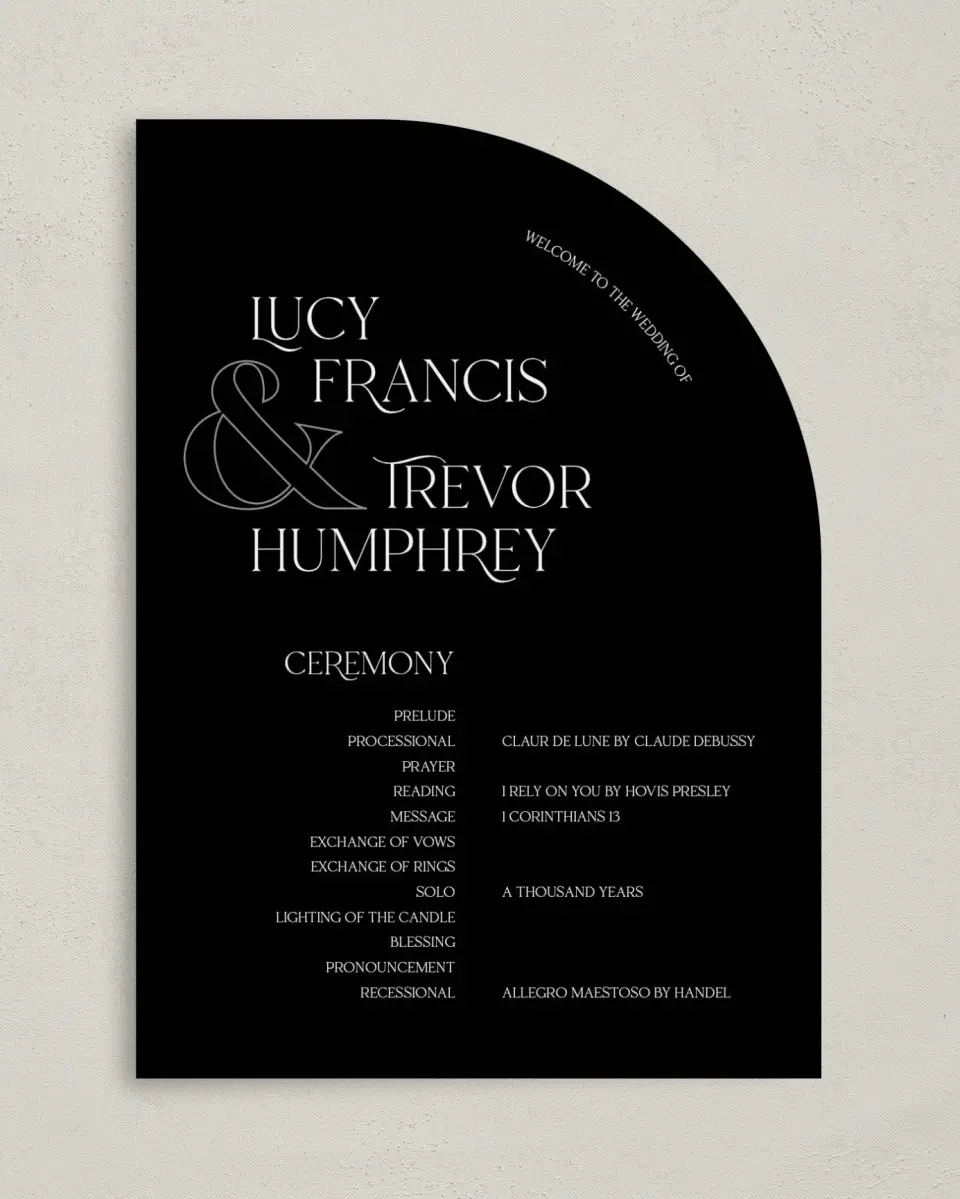 This is a 5" x 7" Tea-length Wedding Program called The Lucy printed in full color on Premium Smooth paper