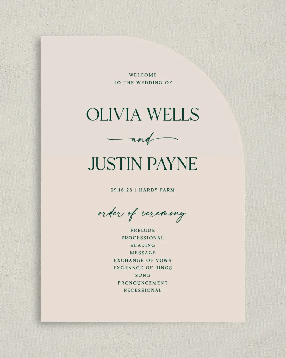 This is a 5" x 7" Tea-length Wedding Program called The Olivia printed in full color on Premium Smooth paper