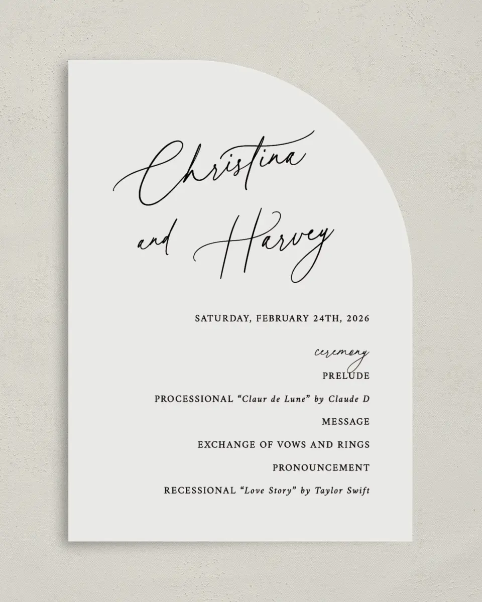 This is a 5" x 7" Tea-length Wedding Program called The Christina printed in full color on Premium Smooth paper