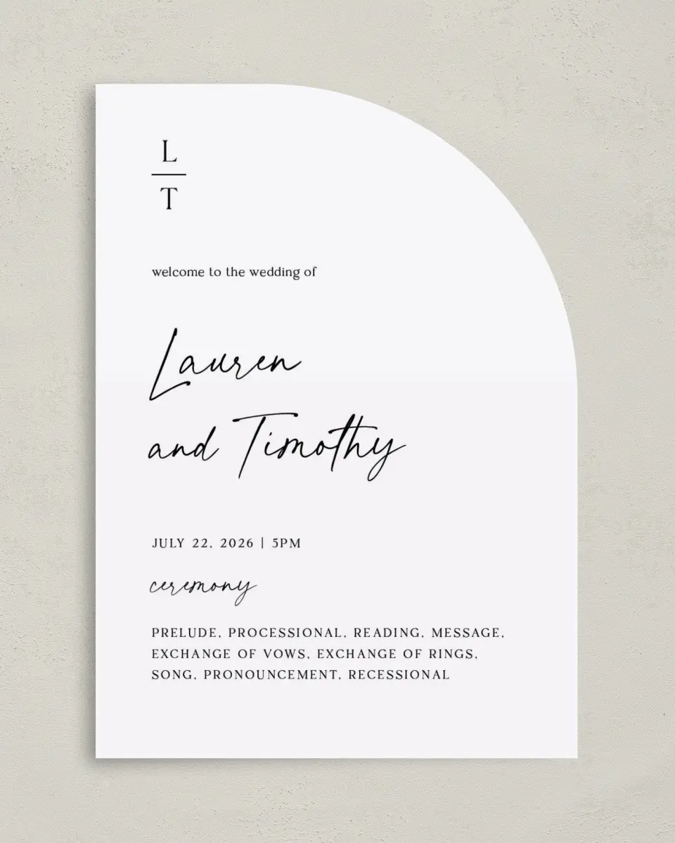 This is a 5" x 7" Tea-length Wedding Program called The Lauren printed in full color on Premium Smooth paper