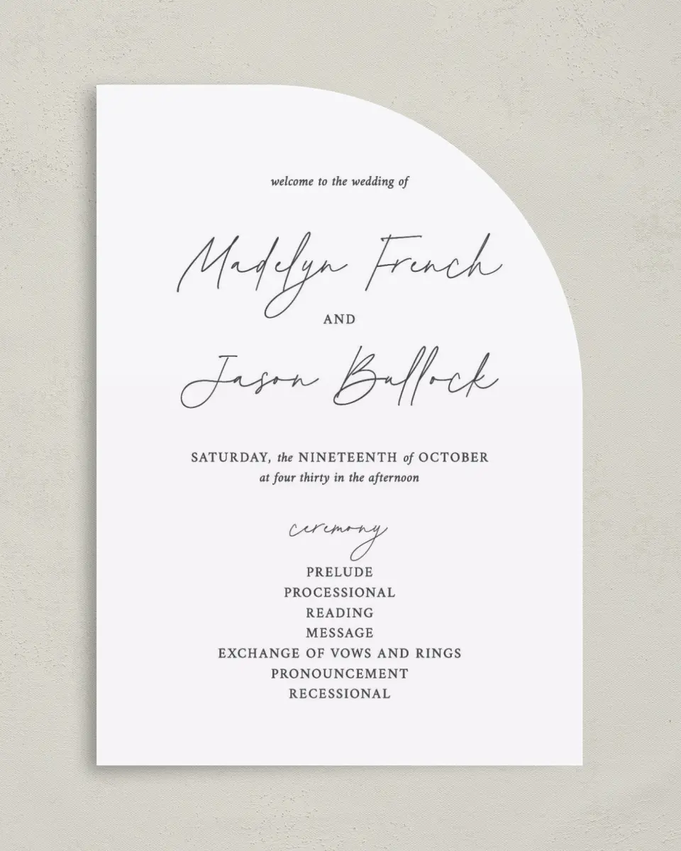 This is a 5" x 7" Tea-length Wedding Program called The Madelyn printed in full color on Premium Smooth paper