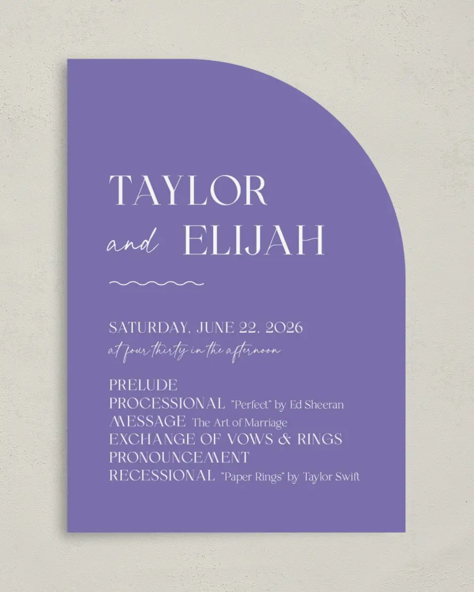 This is a 5" x 7" Tea-length Wedding Program called The Taylor printed in full color on Premium Smooth paper