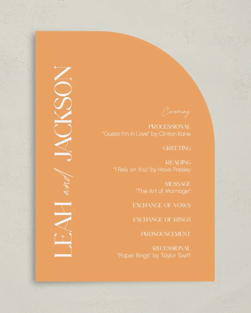 This is a 5" x 7" Tea-length Wedding Program called The Leah printed in full color on Premium Smooth paper