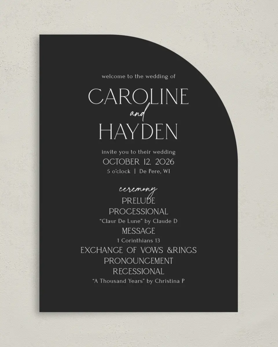 This is a 5" x 7" Tea-length Wedding Program called The Caroline printed in full color on Premium Smooth paper