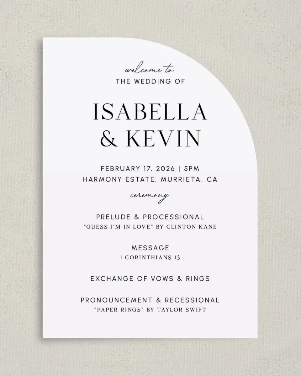 This is a 5" x 7" Tea-length Wedding Program called The Isabella printed in full color on Premium Smooth paper